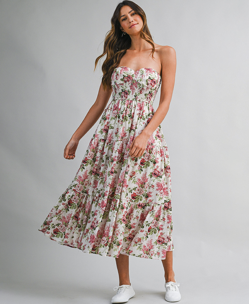 Dionne Strapless Floral Midi Dress – Rose – Daisy Shoppe
