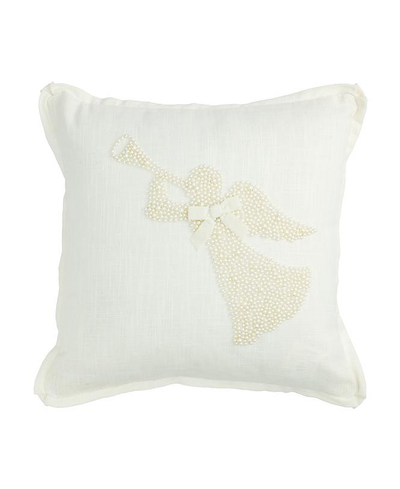 White pillow with a decorative bow made of pearls on a white background