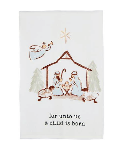 Nativity scene illustration with 'for unto us a child is born' text on a white background