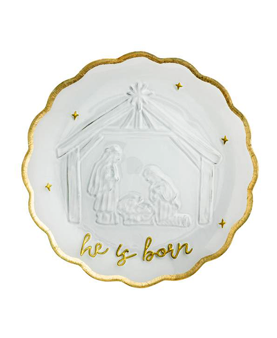 Decorative plate with nativity scene and 'he is born' text on a white background