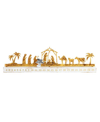 Gold nativity scene Advent calendar on a white background