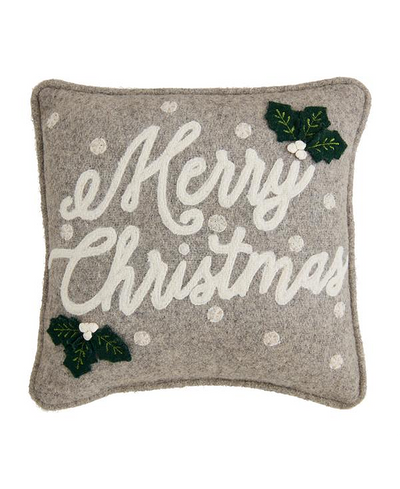 Gray pillow with 'Merry Christmas' text and holly leaves on a white background