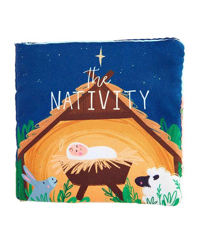 Nativity scene design on a blue background with baby Jesus, sheep, and angel.