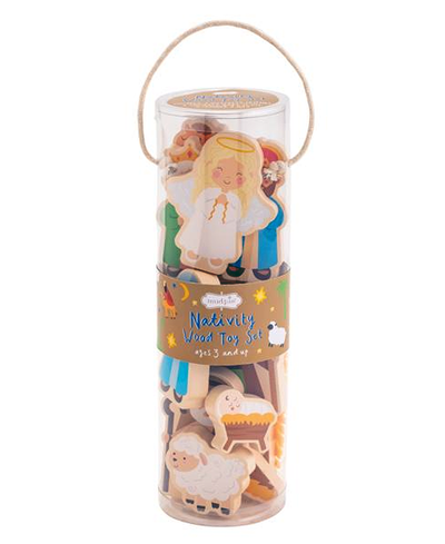 Nativity wood toy set in a cylindrical packaging on a white background