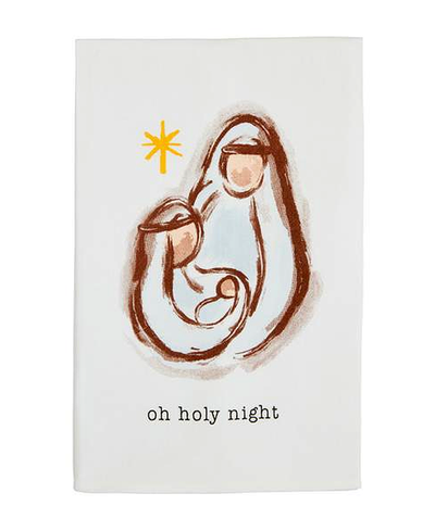 Illustration of a nativity scene with 'oh holy night' text on a white background