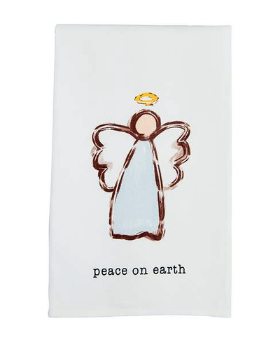 Towel with an angel illustration and 'peace on earth' text on a white background
