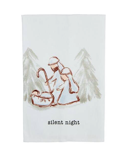 Towel with illustration of a shepherd and baby Jesus, text 'silent night', on a white background