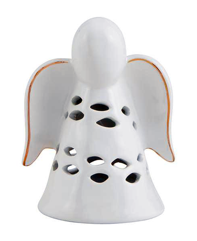 White ceramic angel with cut-out design on a white background
