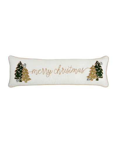 Decorative pillow with 'merry christmas' text and Christmas tree designs on a white background