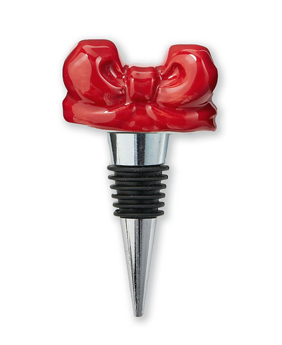 Red bow wine bottle stopper with a silver base on a white background