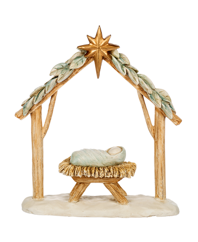 Nativity scene figurine with manger and star on a white background