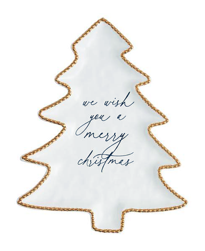 Christmas tree-shaped pillow with 'we wish you a merry Christmas' text on a white background