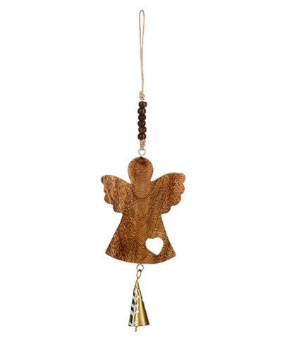 Wooden angel ornament with a bell on a white background