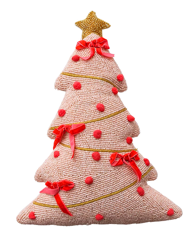 Decorative Christmas tree pillow with red bows and a gold star on a white background
