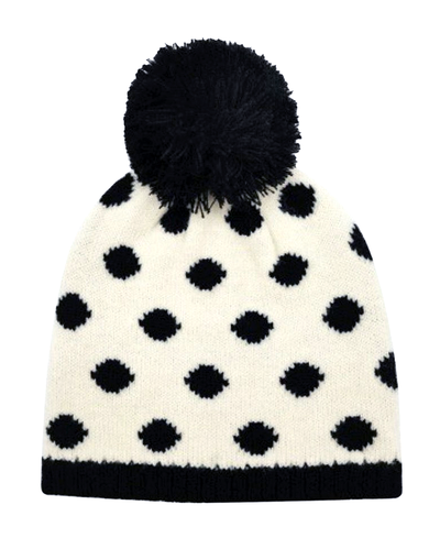 White beanie with black polka dots and a matching pom-pom on a white background