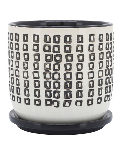 black and white pot with squares