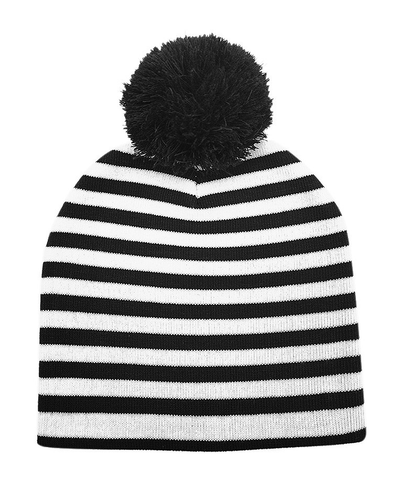 Black and white striped beanie with a black pom-pom on a white background