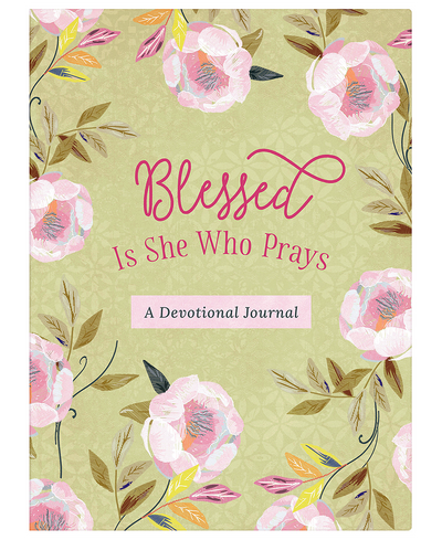 Devotional journal with floral design and 'Blessed Is She Who Prays' text on a green background