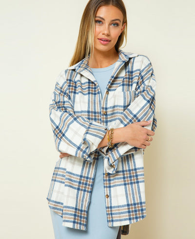 blue plaid jacket on girl