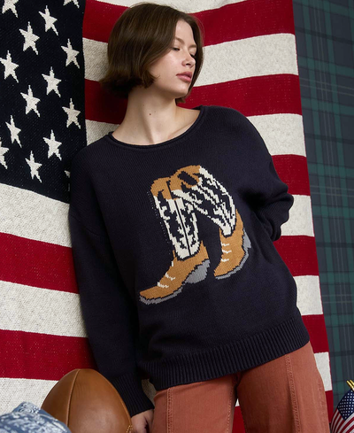 Western Boots Knit Sweater – Navy