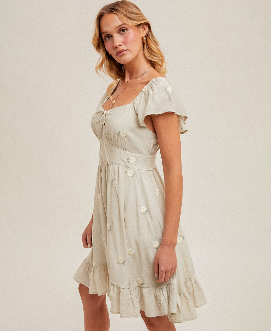 Caroline Daisy Embroidered Mini Dress - Sage  Daisy Shoppe - cute clothes  & accessories