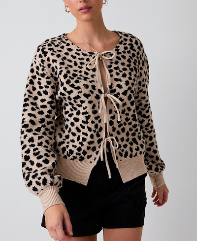 Leopard print cardigan with a tie detail on a plain background