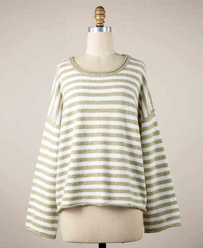 Striped green sweater on a mannequin against a plain background