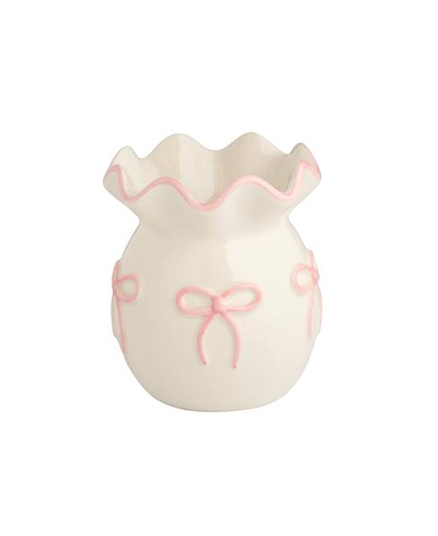 White vase with pink decorative elements on a white background