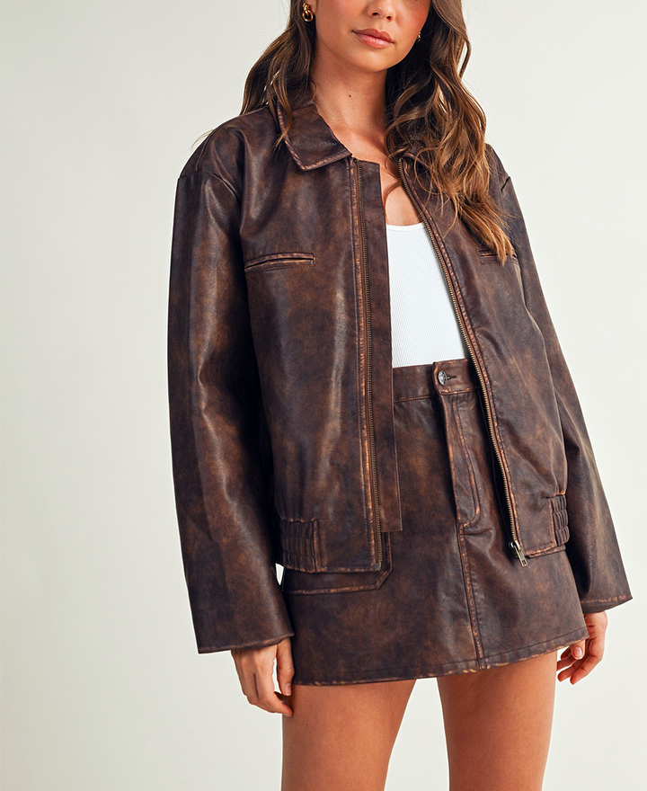 Dixie Washed Leather Zip Up Jacket – Rustic Brown – Daisy Shoppe
