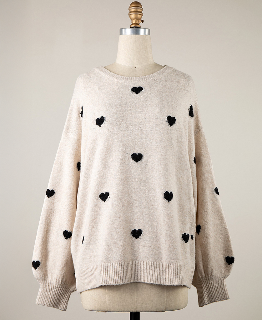 Dottie Heart Oversized Sweater – Beige/Black – Daisy Shoppe - cute
