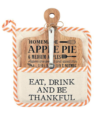 Decorative sign with apple pie recipe and 'Eat, Drink and Be Thankful' text on a striped background