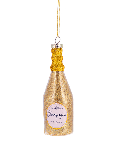 Decorative champagne bottle ornament with glittery gold finish and 'Champagne' label on a white background.
