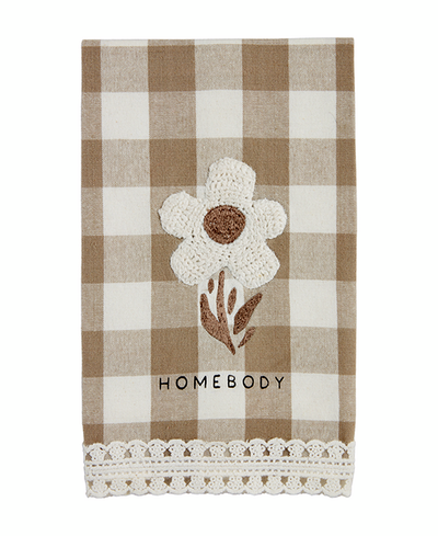 Checkered towel with a floral design and 'Homebody' text on a white background