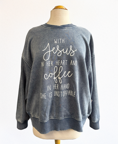 Gray sweatshirt with motivational text on a mannequin against a white background