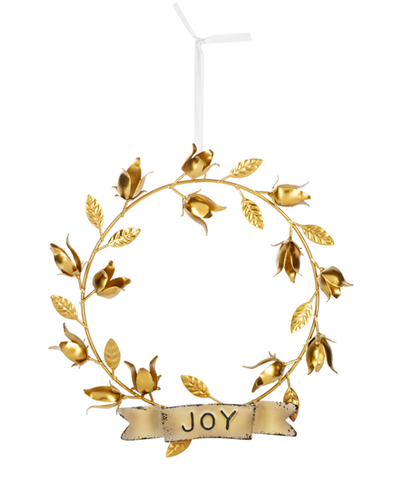 Decorative gold wreath with 'JOY' banner on a white background