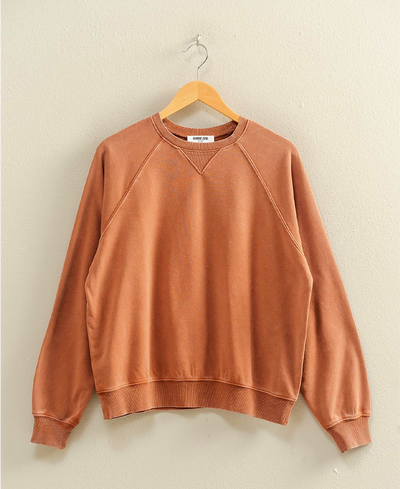 Brown sweatshirt on a hanger against a beige wall
