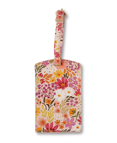 Floral-patterned luggage tag on a white background