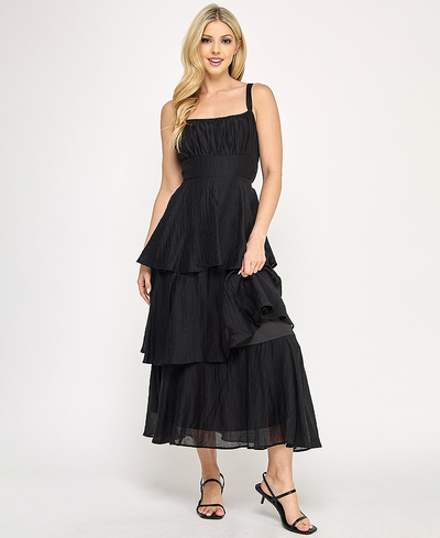 Maisy Tiered Crinkle Maxi Dress – Black