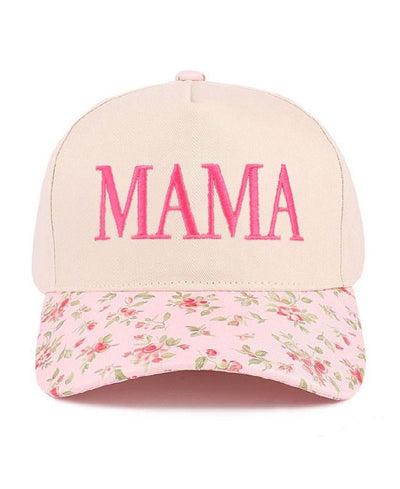 Cap with 'MAMA' on a floral pink and beige background