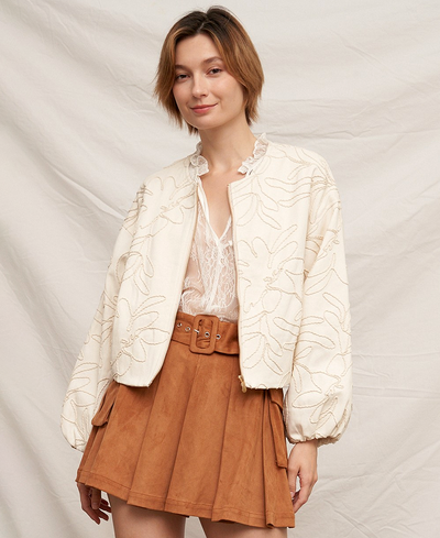 Marigold Embroidered Bomber Jacket – Beige