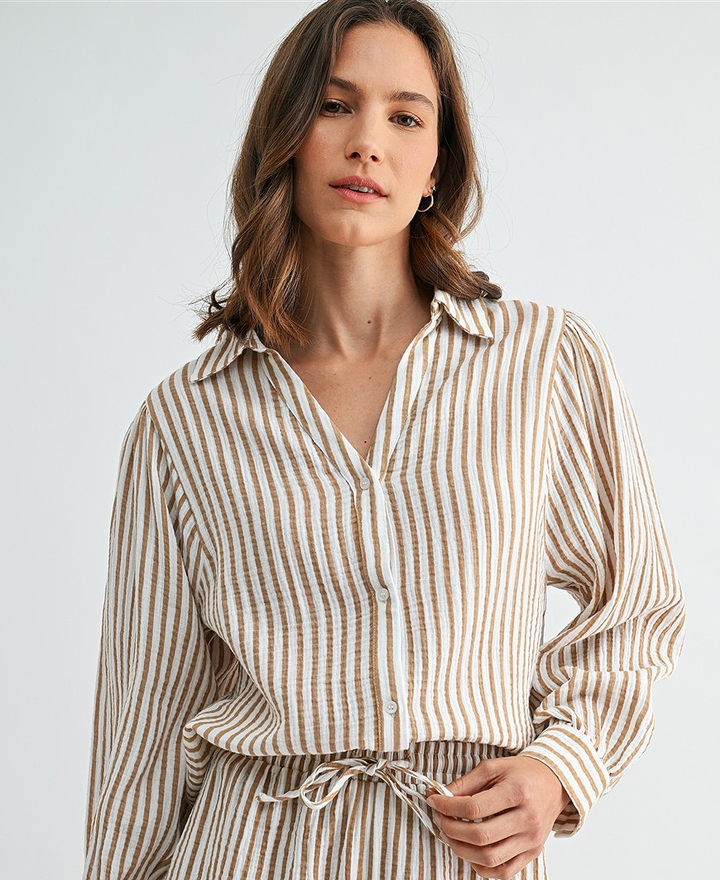 Melania Striped Button Up Shirt – Taupe/Ivory – Daisy Shoppe Melania Striped Button Up Shirt – Taupe/Ivory – Daisy Shoppe
