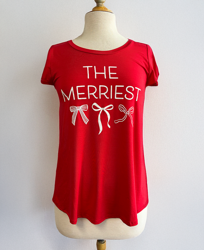 Red t-shirt with 'The Merriest' text on a mannequin against a white background