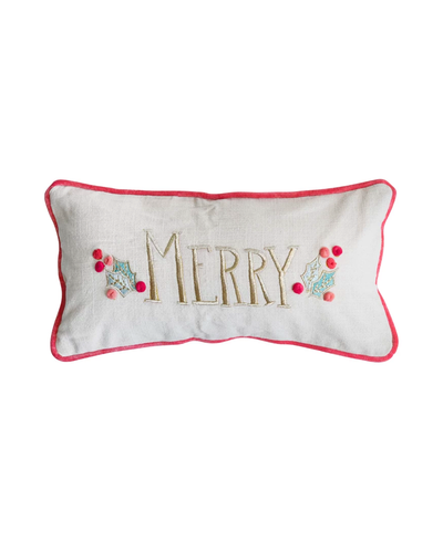 Decorative pillow with 'MERRY' text and festive design on a white background