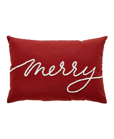 Red pillow with 'Merry' embroidered in white on a white background