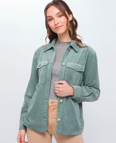 girl in mint cord jacket