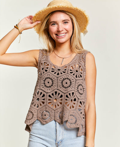 mocha eyelet top girl in hat