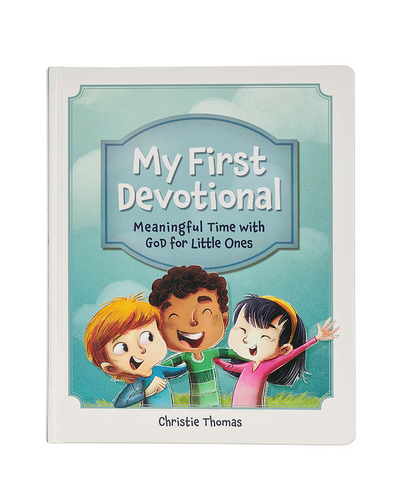 Book titled 'My First Devotional' with illustrations of three children on a blue background
