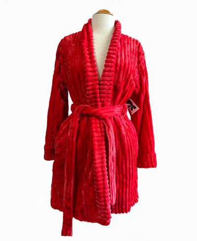 Red plush robe on a mannequin against a white background