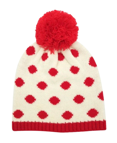 White knit beanie with red polka dots and a matching pom-pom on a white background