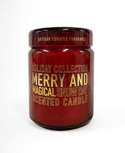 Red candle jar with gold text on a white background